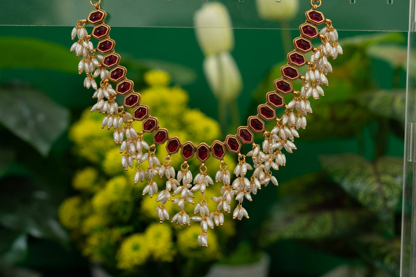 NBCA 033 Ruby Cluster Pearl necklace with Earrings