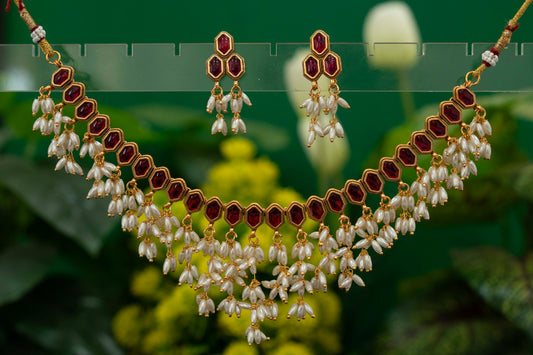 NBCA 033 Ruby Cluster Pearl necklace with Earrings
